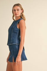 IST5697 DENIM OPEN BACK TOP WITH BOW DETAIL AND MINI SKIRT: DARK DENIM / L