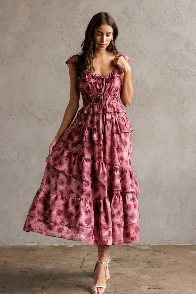 FLORAL RUFFLED TIERED DRESS S