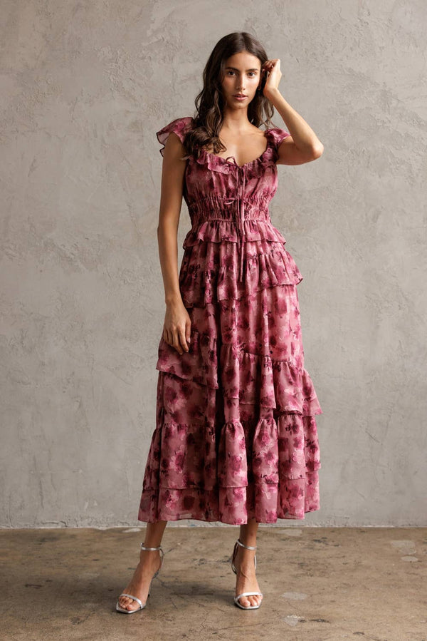 FLORAL RUFFLED TIERED DRESS M
