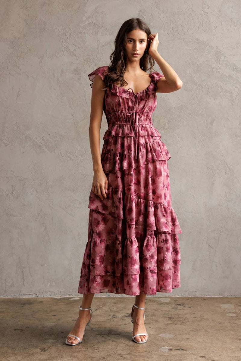FLORAL RUFFLED TIERED DRESS L