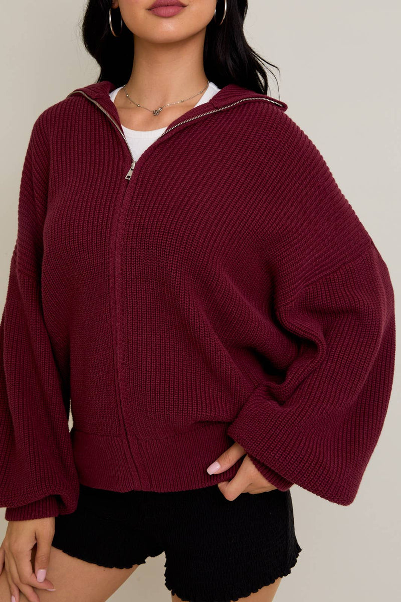 ZIP UP OVERSIZED SWEATER CARDIGAN: Taupe / L