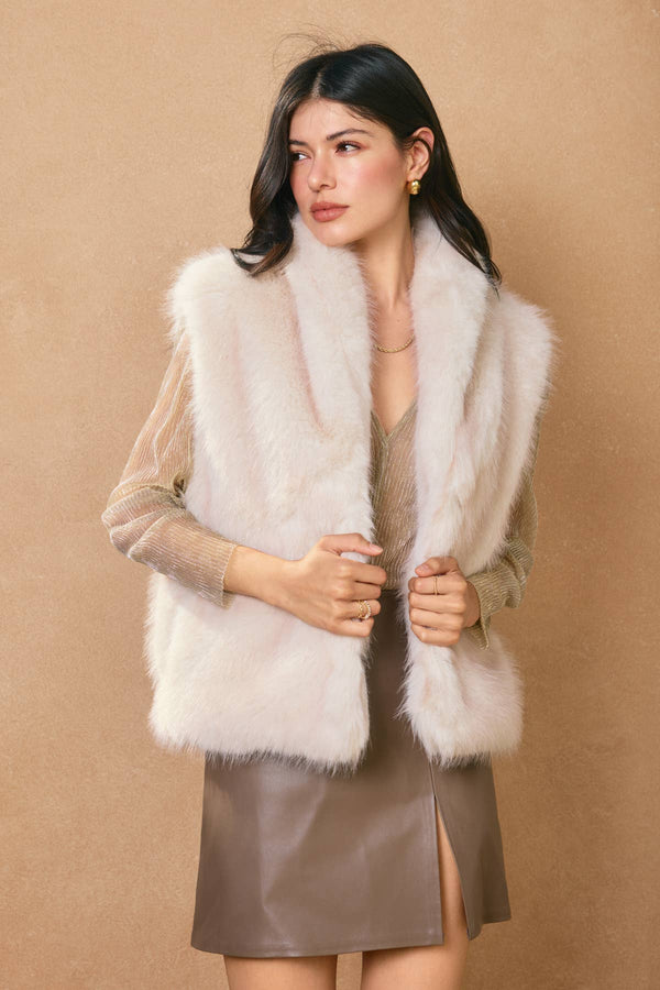 Snow Angel Collared Furry Vest: FRENCH STONE