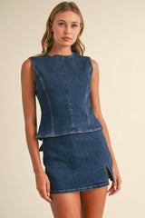 IST5697 DENIM OPEN BACK TOP WITH BOW DETAIL AND MINI SKIRT: DARK DENIM / S