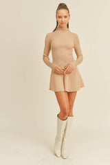 ID5527 MOCK NECK LONG SLEEVE FIT AND FLARE MINI DRESS: DK CHOCOLATE / S