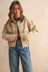 J5341   COLLAR CONTRASTED UTILITY JACKET: Beige / M