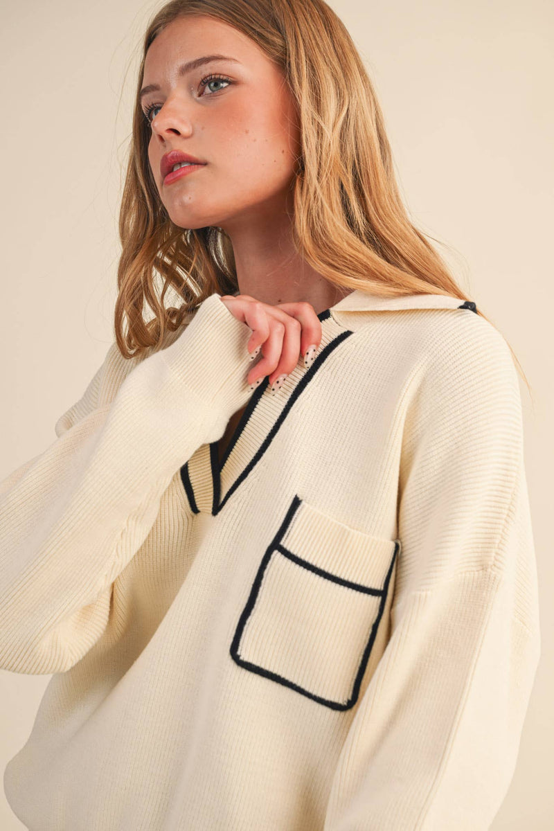 COLLARED SWEATER: Ivory Black / M