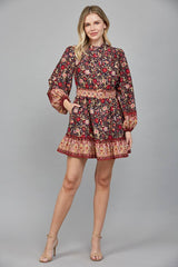 BORDER PRINT BELTED BUTTON DOWN MINI DRESS FD34104: NAVY MULTI / S