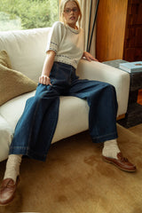 DARK DENIM WIDE LEG PANTS: DENIM / L