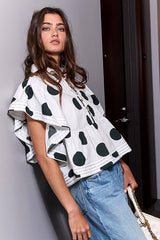 IT2337 Ruffle Sleeves Pintuck Detail Polka Dot Print top: CREAM/BLACK