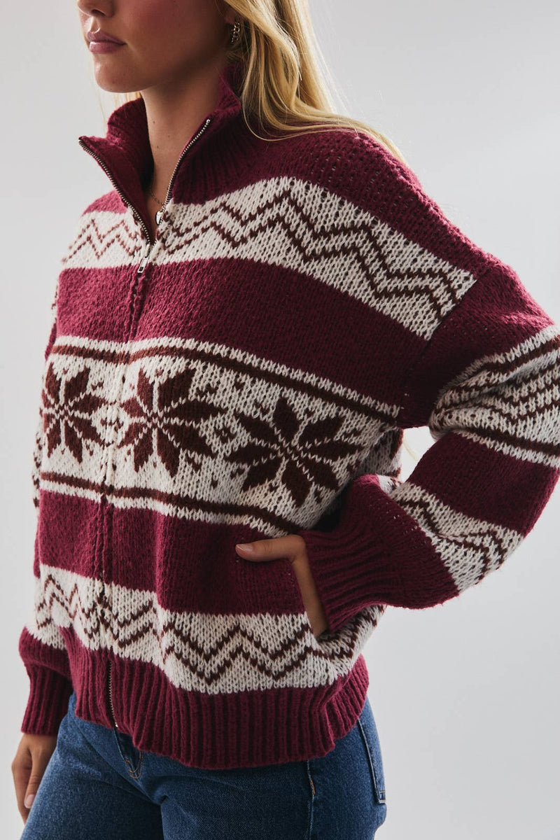 LONG SLEEVE COLLARED FAIR ISLE SWEATER JACKET: Brown-White Multi / XS