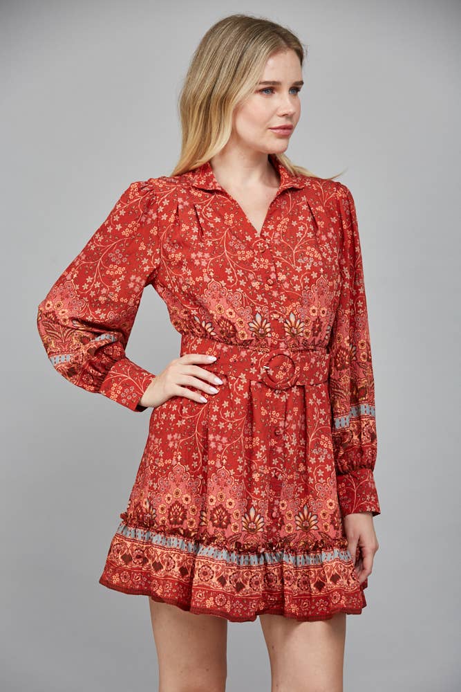 BORDER PRINT BUTTON FRONT MINI DRESS WITH SELF BELT FD34124: BRICK RED / S