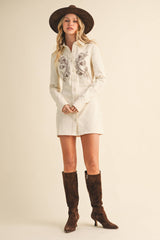 ID9321 LONG SLEEVE EMBROIDERED BUTTON DOWN SHIRT DRESS: CREAM COMBO / L
