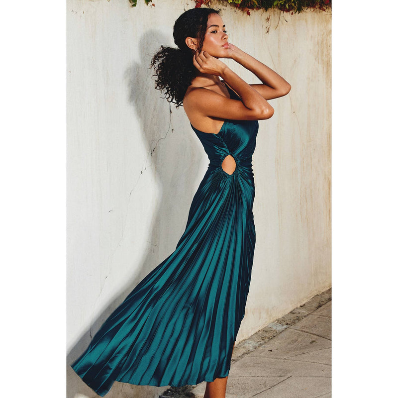 Olympia Asymmetrical Pleated Maxi Dress: BLUE SAPPHIRE