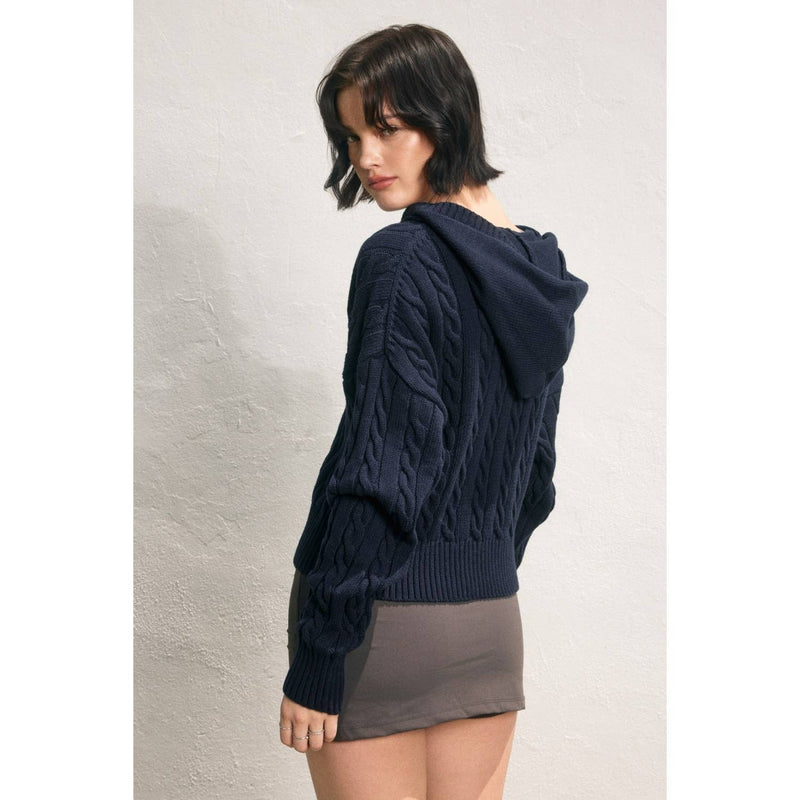 Cable Knit Hooded Zip Up Cardigan: NAVY