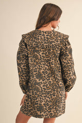 ID9370-A OVERSIZED COLLAR PUFF SLEEVES LEOPARD DENIM DRESS: LEOPARD / S