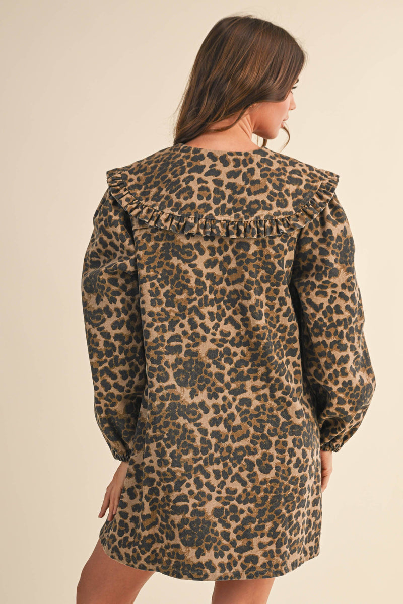 ID9370-A OVERSIZED COLLAR PUFF SLEEVES LEOPARD DENIM DRESS: LEOPARD / S