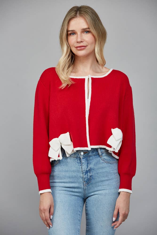 CONTRAST BOW DETAIL OPEN CARDIGAN FW90585: RED/CREAM / L