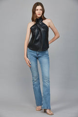 FAUX LEATHER CRISSCROSS NECKLINE SLVL TOP FT25409 : BLACK / L