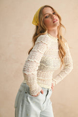 LACE TEXTURED LONG SLEEVE BLOUSE L