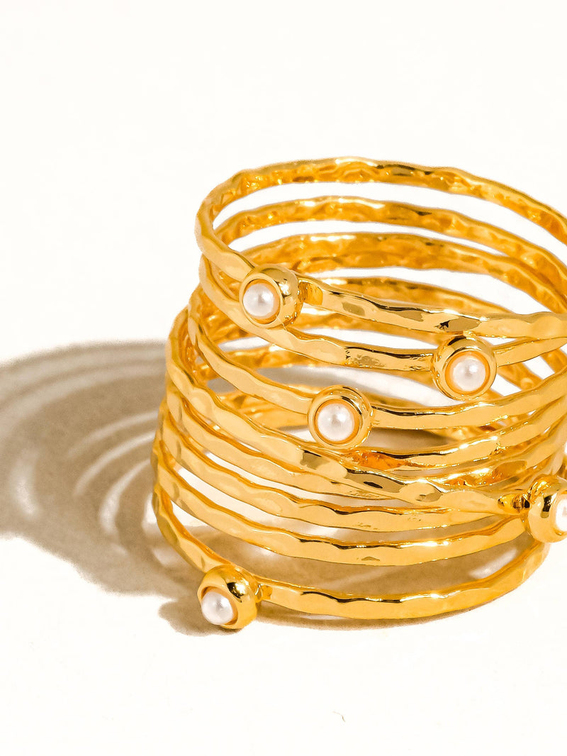 18K Gold Vintage Multi-Band Pearl/CZ Ring: Yellow Gold / Mireth-CZ