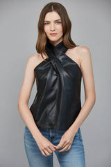 FAUX LEATHER CRISSCROSS NECKLINE SLVL TOP FT25409 : BLACK / M