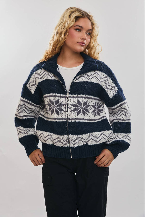 SWEATER JACKET: NAVY-WHITE L