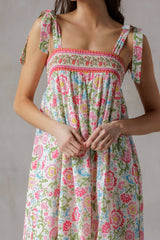 SJD7582 - MULTI FLORAL TIE MIDI DRESS: WINE MULTI FL / L