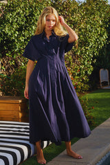 Button-Front Pleated Midi Shirt Dress
