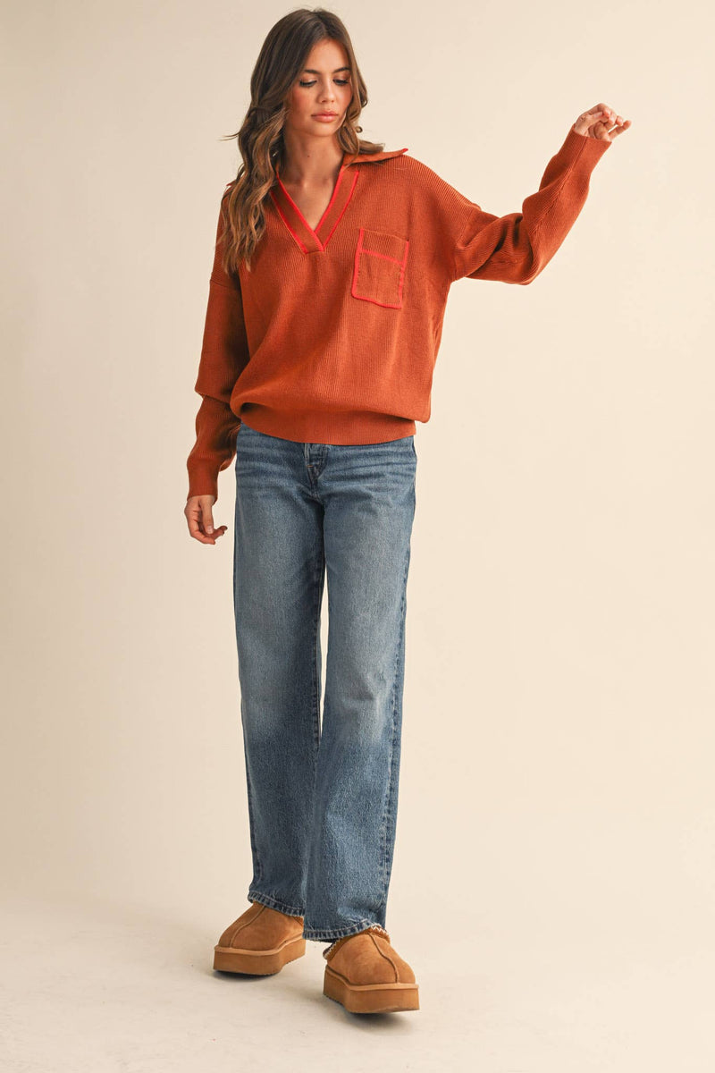 COLLARED SWEATER: Chocolate Ivory / S