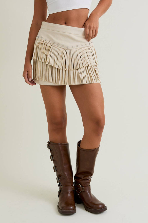 SUEDE SKIRT WITH FRINGE: IVORY / M