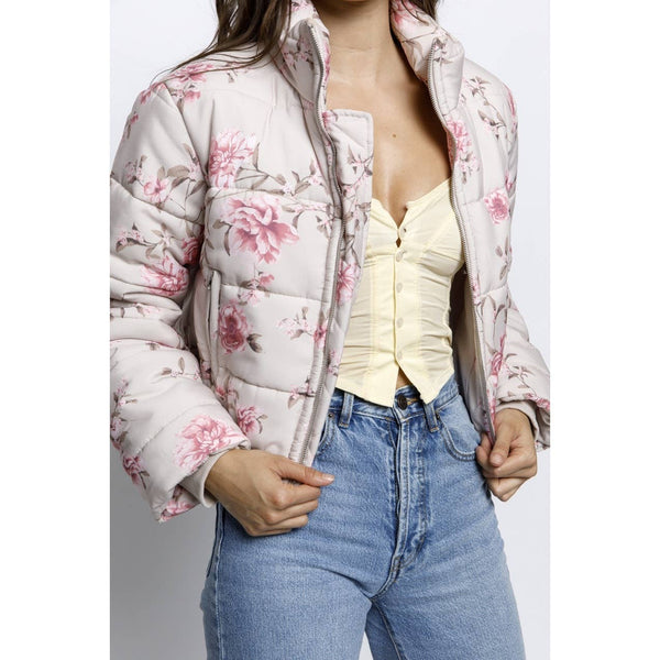 JT6514-1- ROMANTIC FLORAL PUFFER JACKET: PINK / M