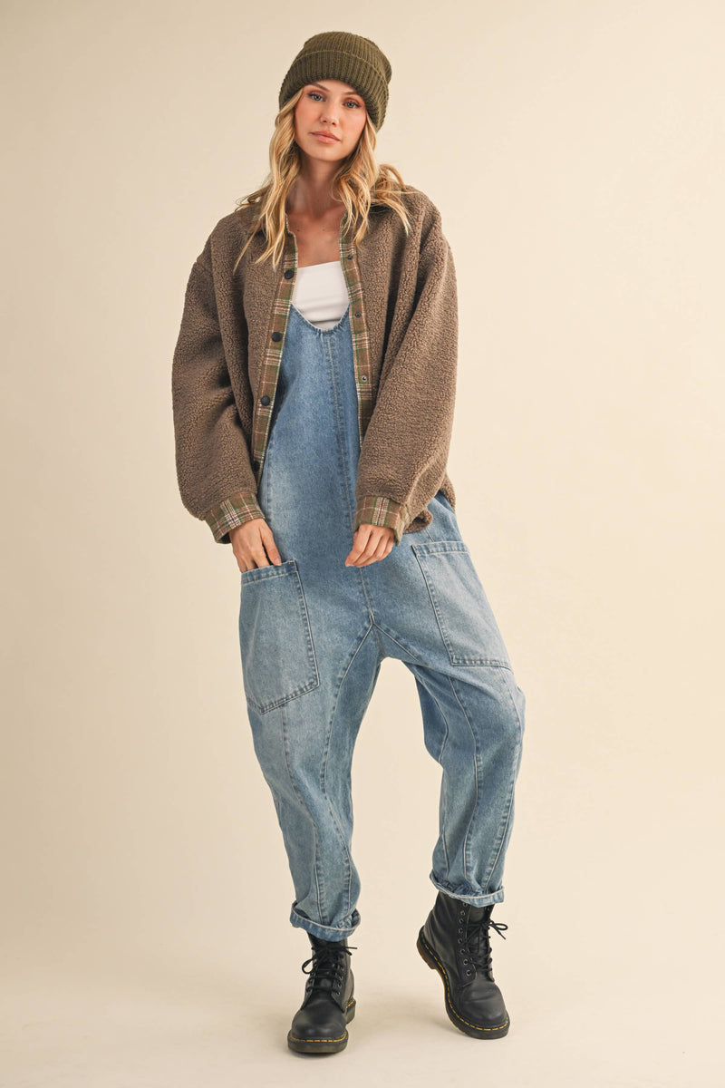 IJ1643 PLAID CONTRAST SHERPA BUTTON DOWN SHACKET: CREAM / L