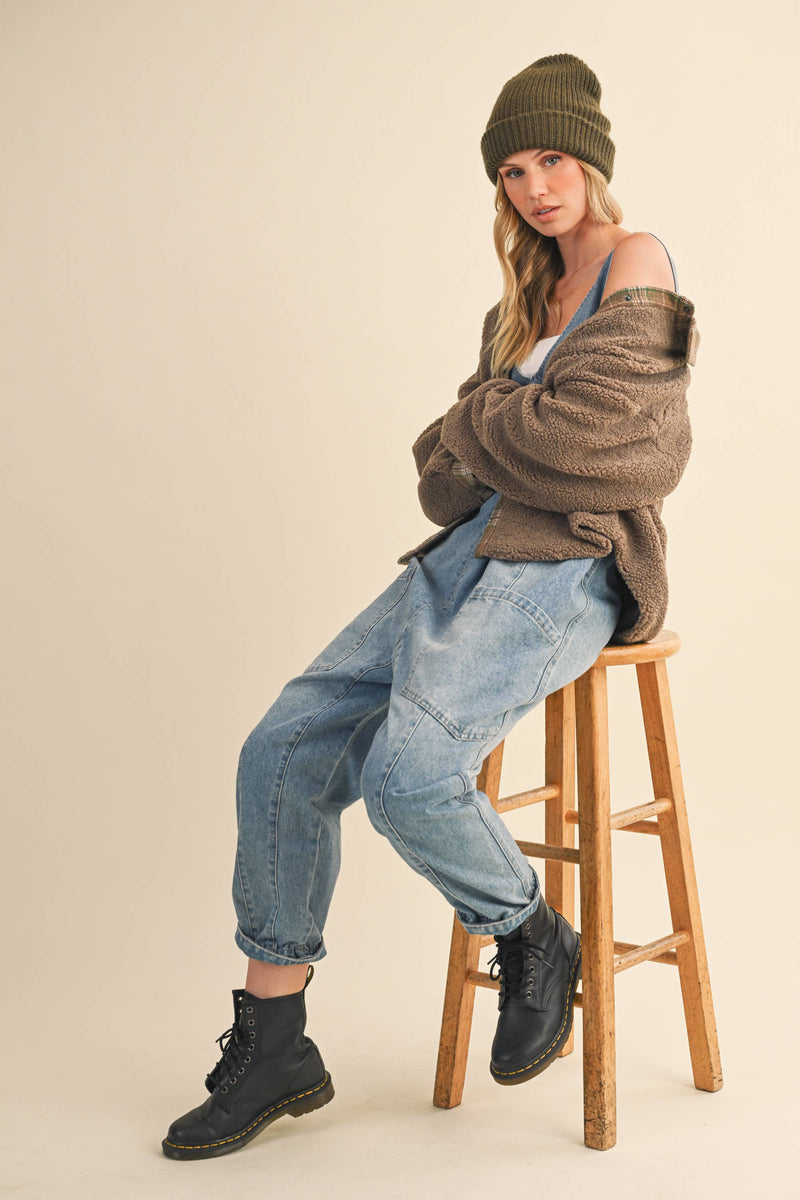 IJ1643 PLAID CONTRAST SHERPA BUTTON DOWN SHACKET: CREAM / L