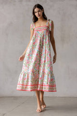 SJD7582 - MULTI FLORAL TIE MIDI DRESS: WINE MULTI FL / S