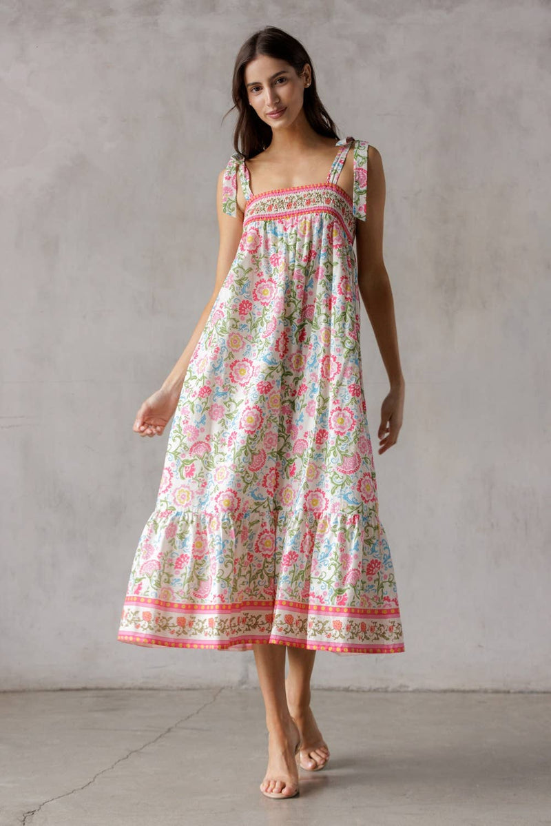 SJD7582 - MULTI FLORAL TIE MIDI DRESS: WINE MULTI FL / S