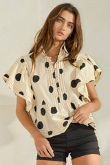 IT2337 Ruffle Sleeves Pintuck Detail Polka Dot Print top: CREAM/BLACK