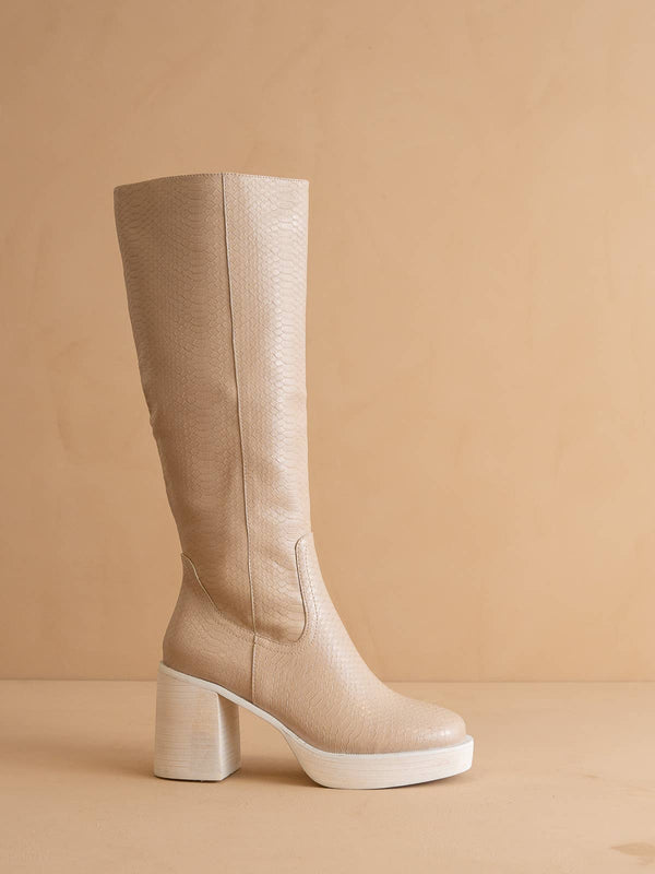 The Juniper Beige | Platform Knee-High Boots: Beige / 6.