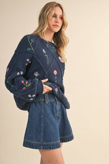 IT4253 MULTI FLORAL EMBROIDERED LATTICE CABLE SWEATER: NAVY / M