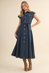 BUTTON DOWN MIDI DRESS: DK DENIM / M