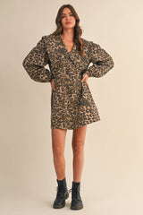 ID9370-A OVERSIZED COLLAR PUFF SLEEVES LEOPARD DENIM DRESS: LEOPARD / S