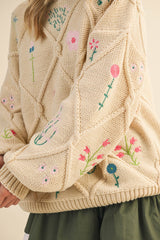IT4253 MULTI FLORAL EMBROIDERED LATTICE CABLE SWEATER: NAVY / M
