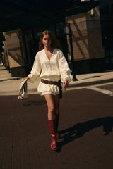 V-NECK WAIST SMOCKED AND RUFFLE DETAIL ROMPER: IVORY