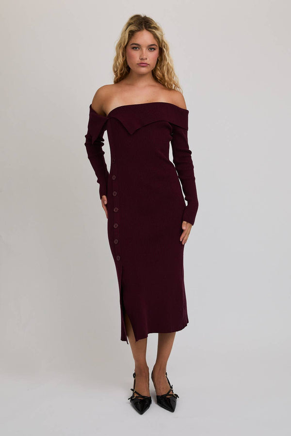 LONG SLEEVE MIDI DRESS: MAROON / M