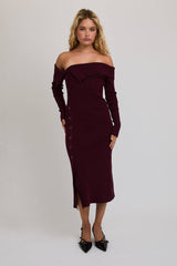 LONG SLEEVE MIDI DRESS: MAROON / S