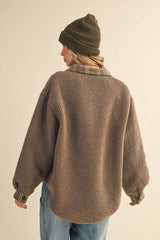 IJ1643 PLAID CONTRAST SHERPA BUTTON DOWN SHACKET: CREAM / L
