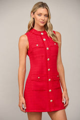 FRONT PATCH POCKET SLVL TWEED DRESS FD32156: RED / S