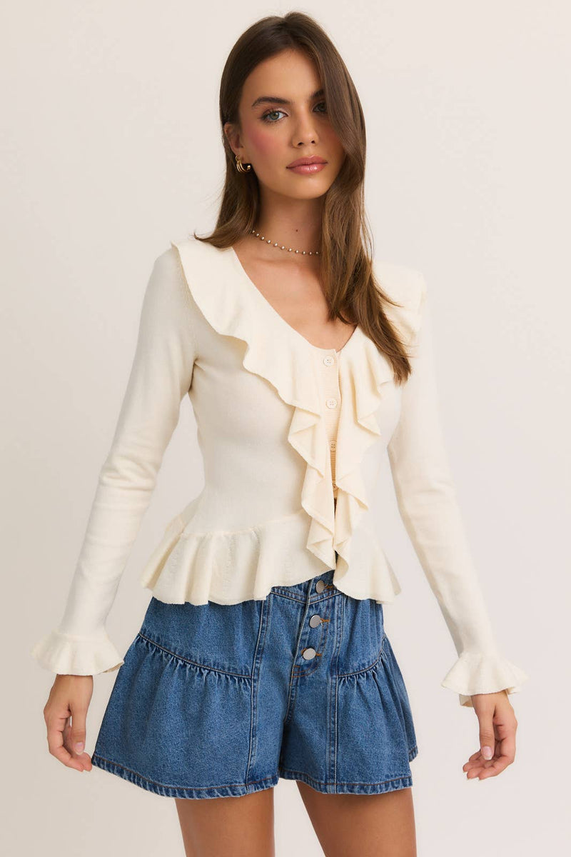 V-NECK RUFFLED SWEATER: CREAM / M