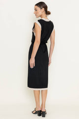 CONTRAST TRIM BUTTON-DOWN S/L SWEATER DRESS-DI8196FO: Black / Contemporary / M
