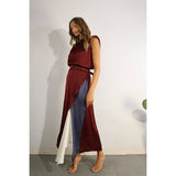 TOP AND COLOR BLOCK SKIRT: WINE / M
