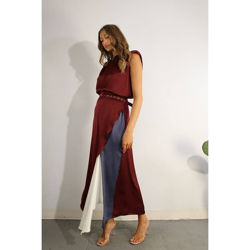 TOP AND COLOR BLOCK SKIRT: WINE / M